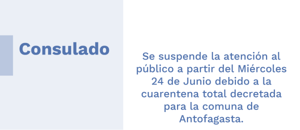 Se suspende la atención al público a partir del Miércoles 24 de Junio debido a la cuarentena total decretada para la comuna de Antofagasta.