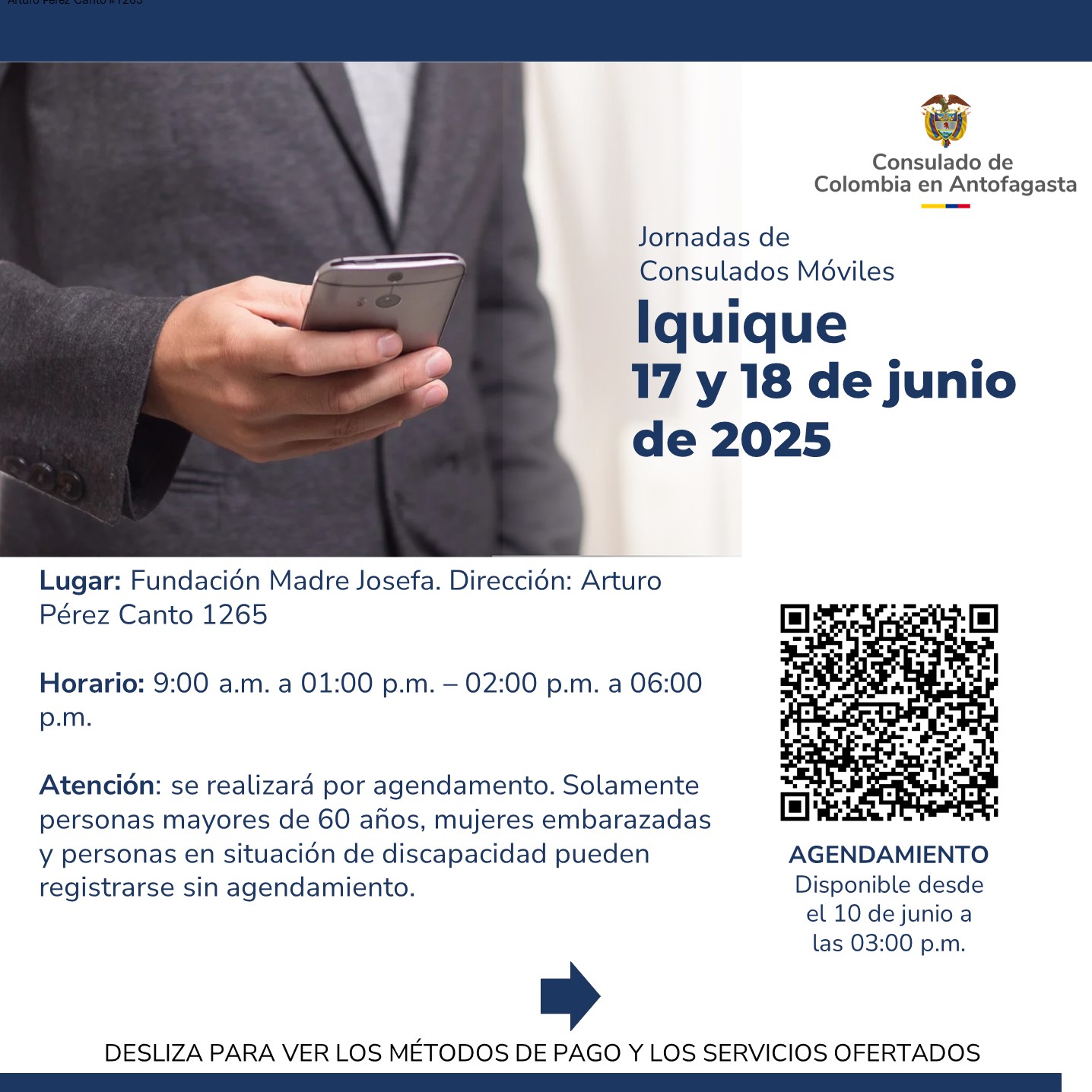 El Consulado de Colombia en Antofagasta realizará un Consulado Móvil en la ciudad de Iquique (Chile) del 17 al 18 de junio de 2025