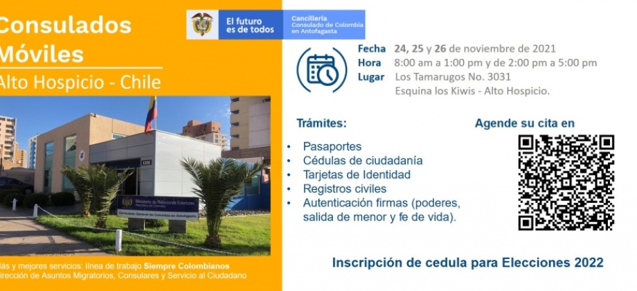El Consulado de Colombia en Antofagasta realizará un Consulado Móvil en Alto Hospicio, del 24 al 26 de noviembre de 2021