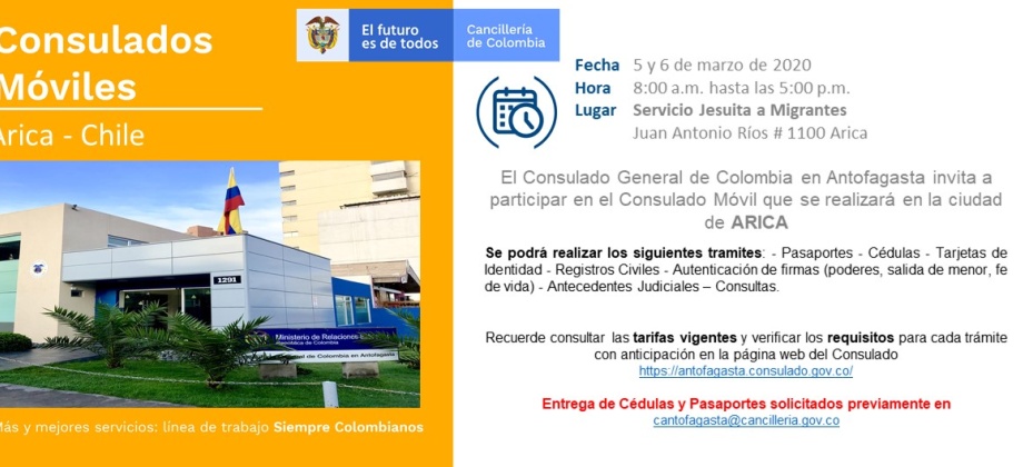 Consulado de Colombia realizará el Consulado Móvil en la ciudad de ARICA el 5 y 6 de marzo