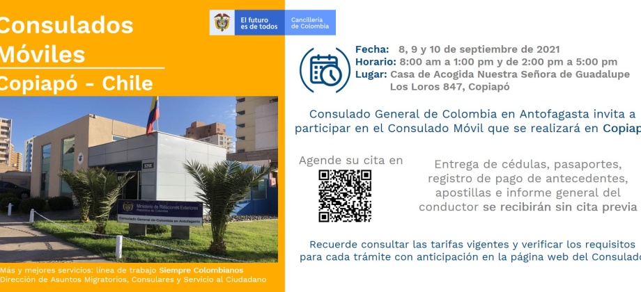 Consulado de Colombia en Antofagasta realizará un Consulado Móvil en Copiapó del 8 al 10 de septiembre de 2021