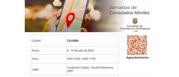 El Consulado de Colombia en Antofagastan realizará un Consulado Móvil en Calama del 8 al 10 de julio de 2024 