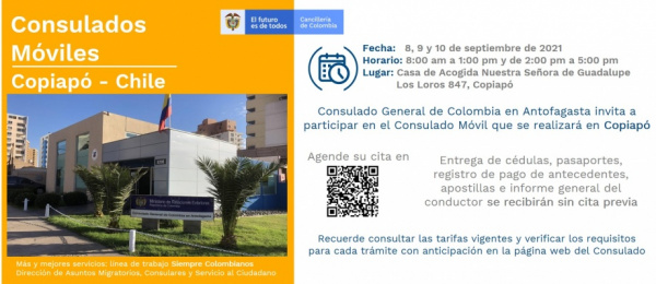 Consulado de Colombia en Antofagasta realizará un Consulado Móvil en Copiapó del 8 al 10 de septiembre de 2021