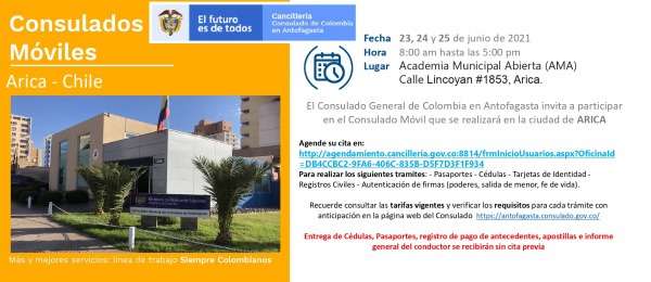 Consulado de Colombia en Antofagasta realizará un Consulado Móvil en Arica del 23 al 25 de junio de 2021